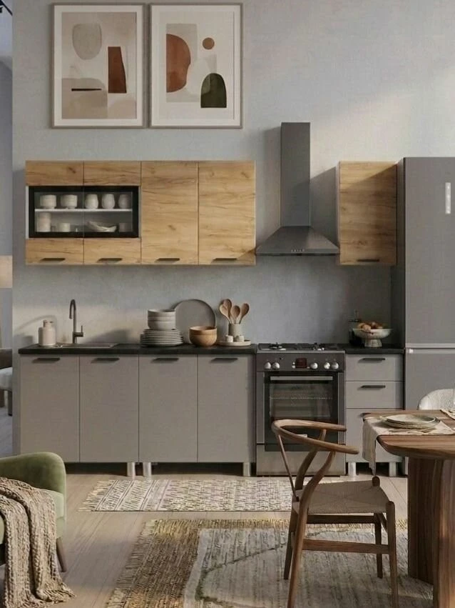 Кухонный гарнитур Крафт 2м графит/крафт со столешницей, ЛДСП